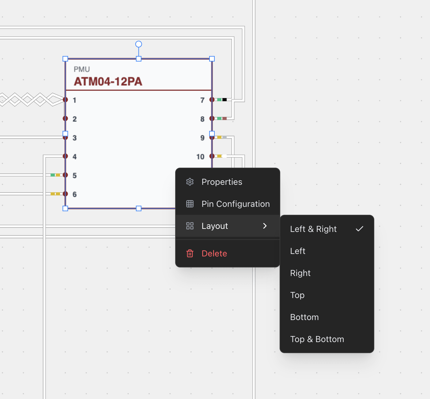 A connector in the Wiring View with the pin layout menu showing the six orientation options